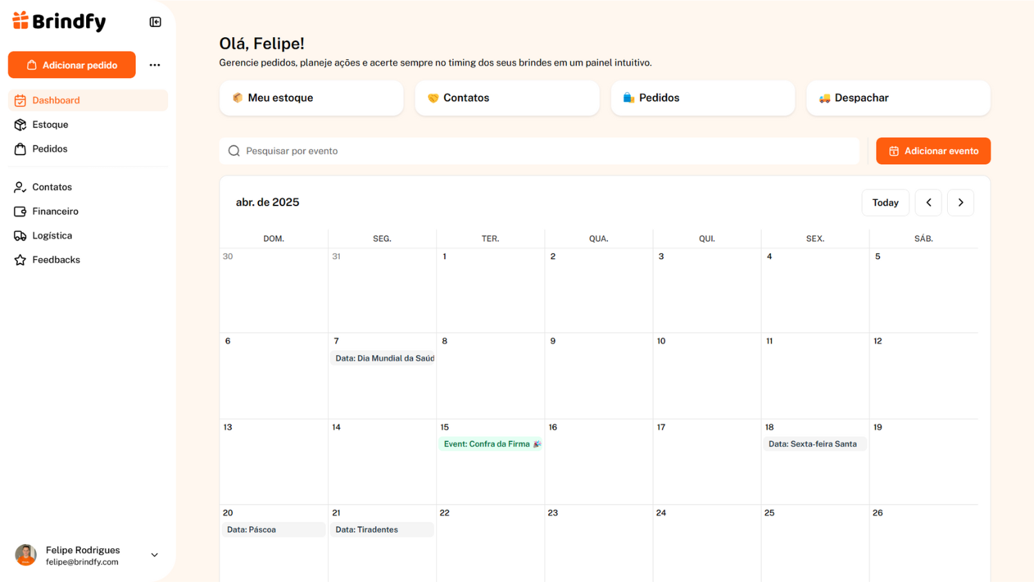 Dashboard da Plataforma Brindfy Calendário de Marketing